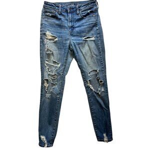 American Eagle Women's Hi-Rise Distressed Jeggings Super Stretch Sz 8 Short Blue